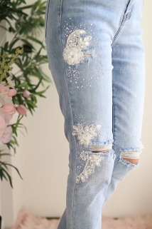 Jeans scheuren Flowers strass
