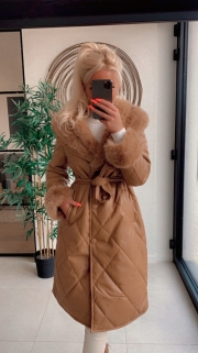 jacket long camel fake fur/ laitherlook