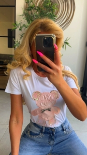 t-shirt white/pink teddy strass/paillets