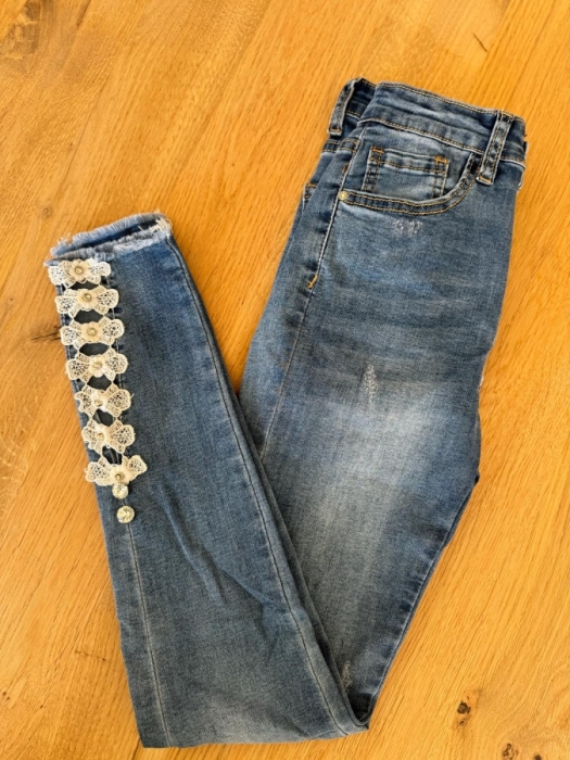Jeans strass-dentelleblanc