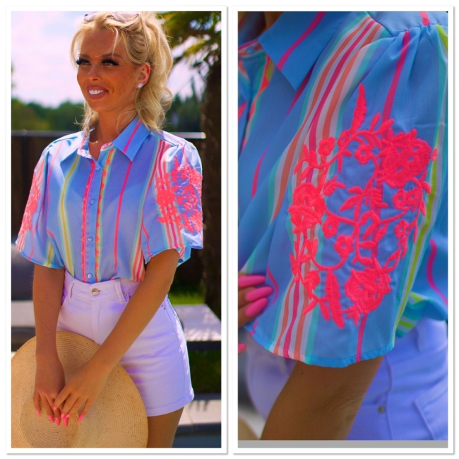 Blouse bleu fluo broderie 