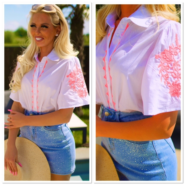 Blouse blanc broderie fluo pink 