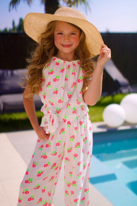 Set broek bloes tasje wit bloemen 