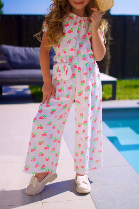Set broek bloes tasje wit bloemen 