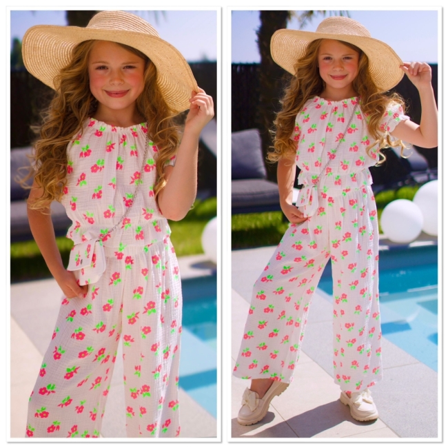 Set broek bloes tasje wit bloemen 