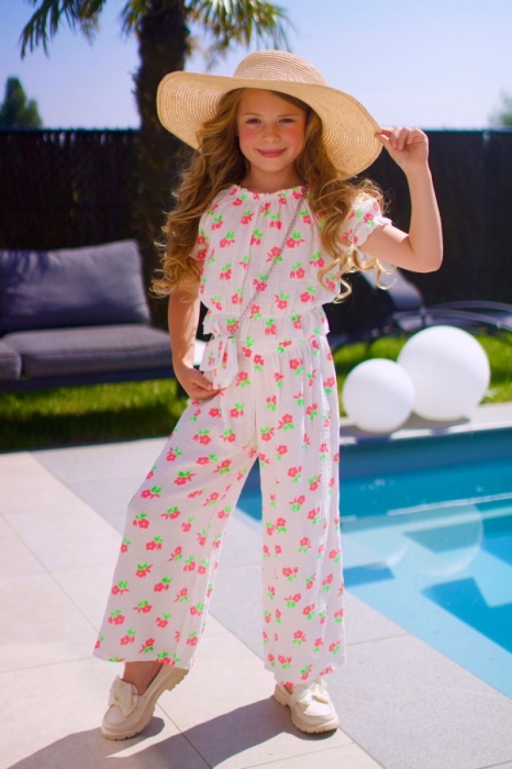 Set broek bloes tasje wit bloemen 