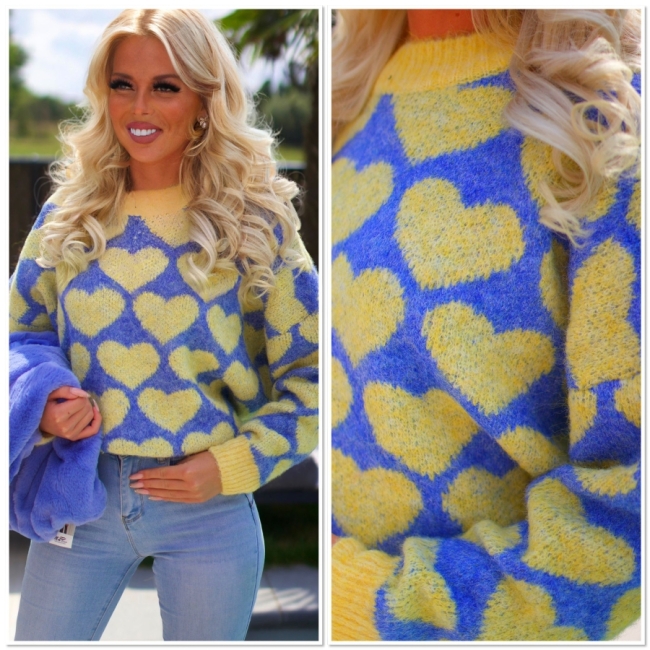 Pull jaune bleu coeurs 