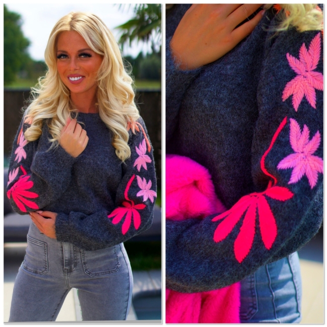 Pull grey fluo broderie 