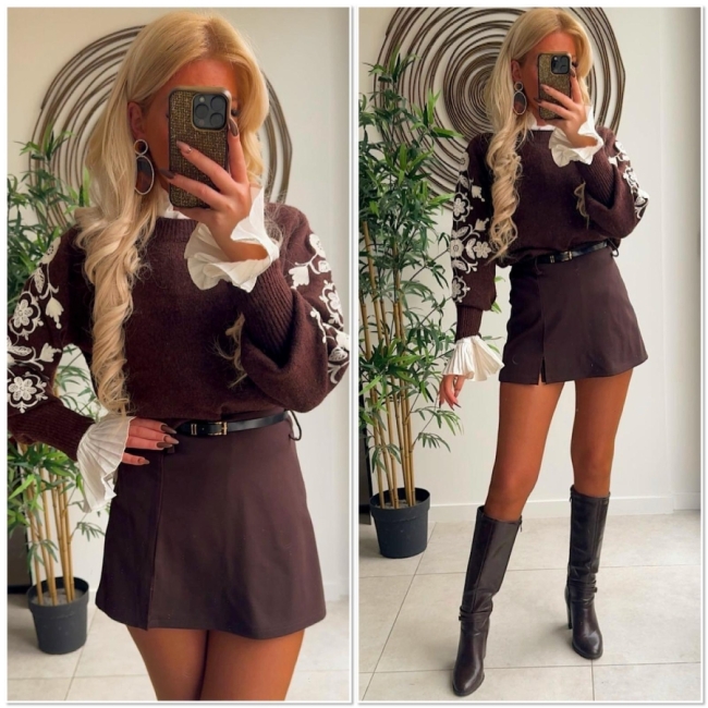 Pull bruin bloemen wit 