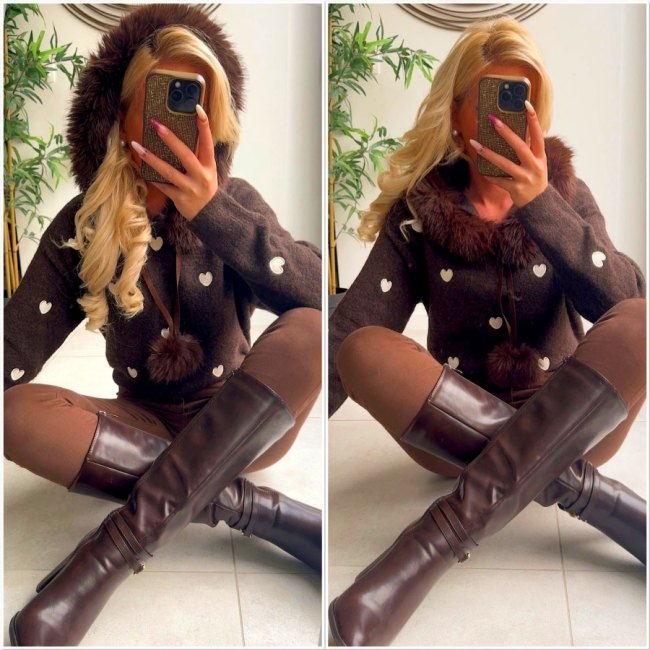 Pull marron coeurs capuche faux fur