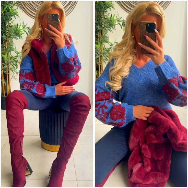 Pull bleu broderie Bordeaux 