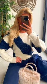 Pull crème bleu paillet 