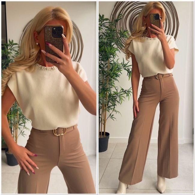 Pull crème strass perle dans manche