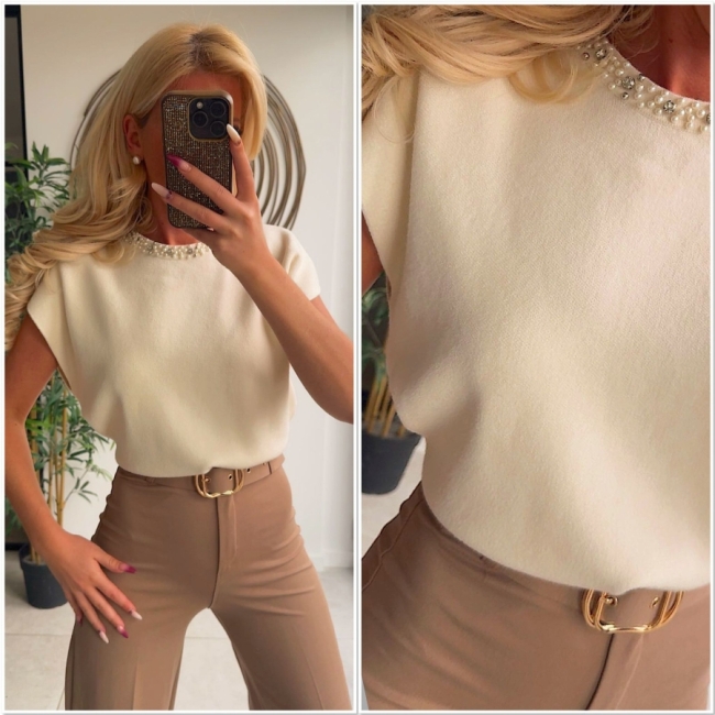Pull crème strass perle dans manche