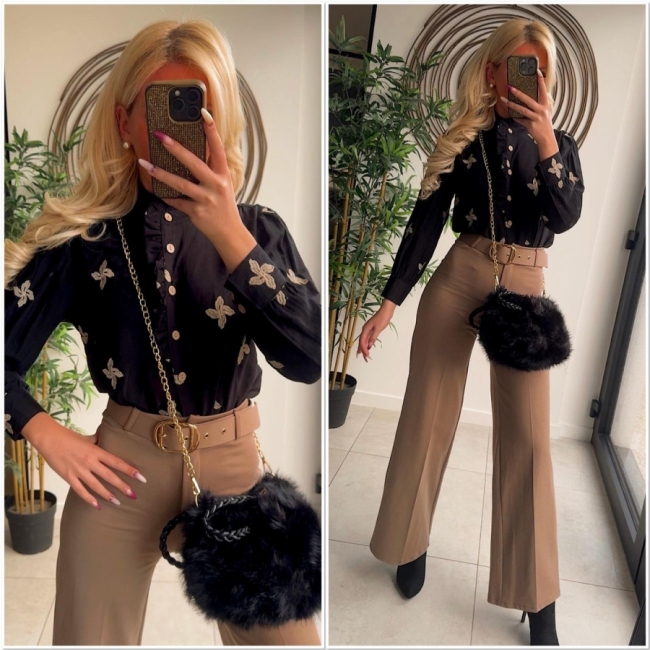 Blouse noir broderie beige 