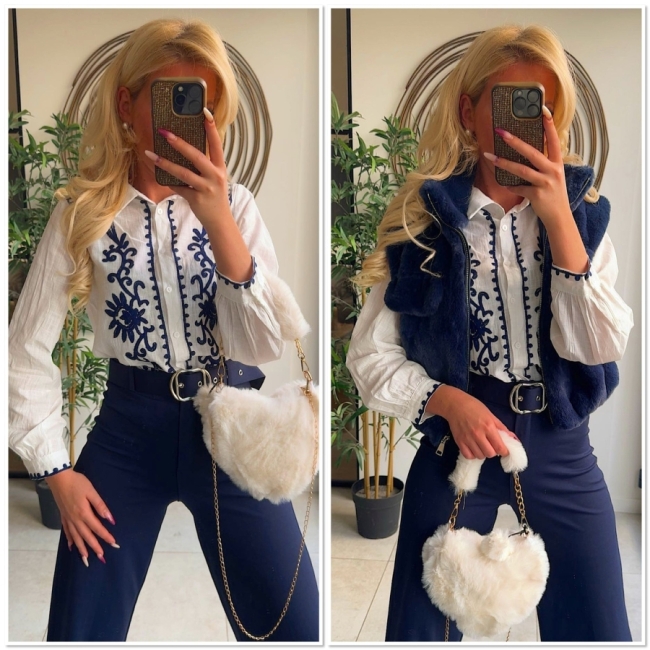 Blouse blanc broderie bleu