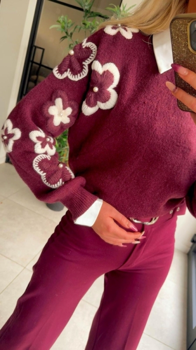 Pull Bordeaux bloemen 