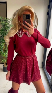 Pull Bordeaux coll strass