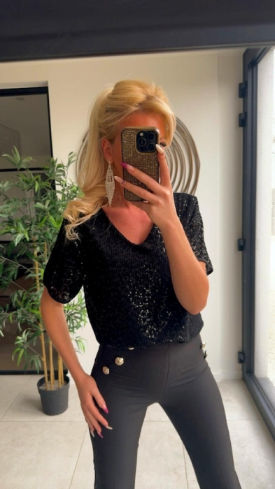 Top noir leoo glitter manche court