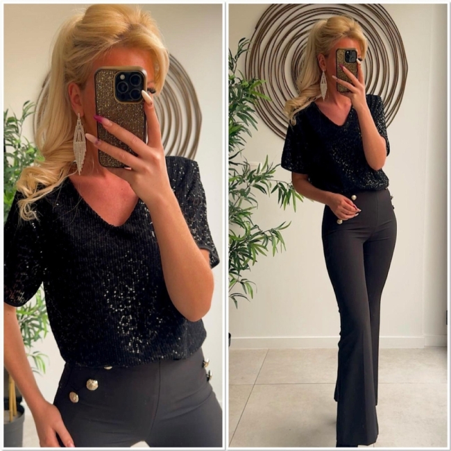 Top noir leoo glitter manche court