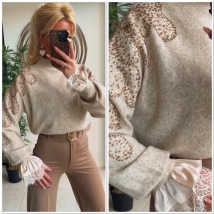 Pull beige strass mouw 