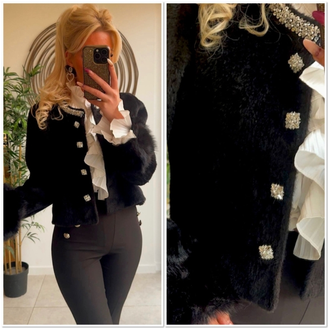 Veste black Teddy faux fur & strass