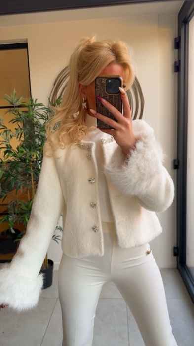 Gilet veste blanc faux fur et strass 
