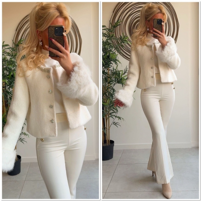 Gilet veste blanc faux fur et strass 