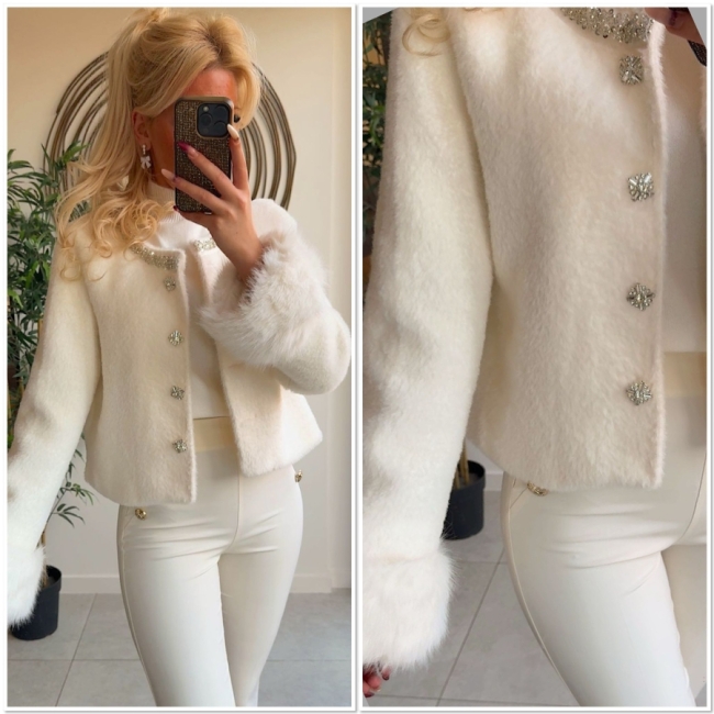 Gilet veste blanc faux fur et strass 