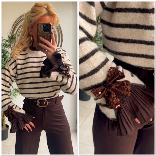 Pull beige strepen strikjes mouw 