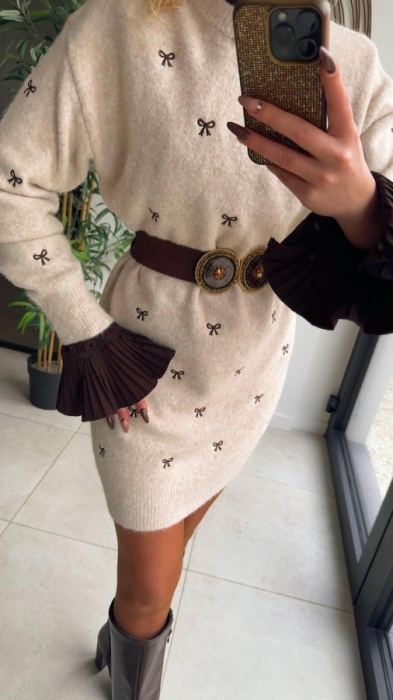 Pull robe beige noeud 