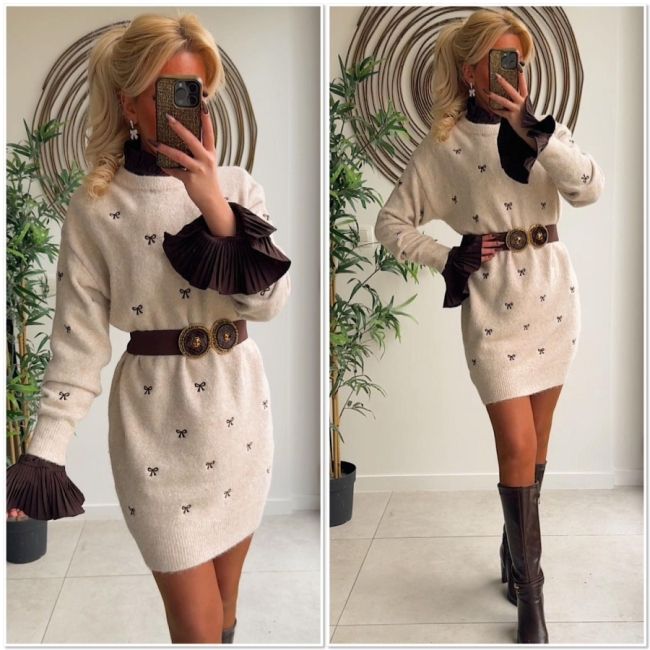 Pull robe beige noeud 
