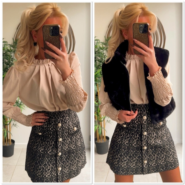 Skirt black beige buttons 