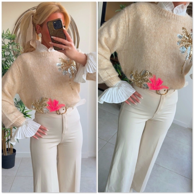 Pull beige paillettes pink 