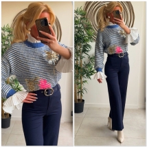 Pull bleuw strepen paillettes 