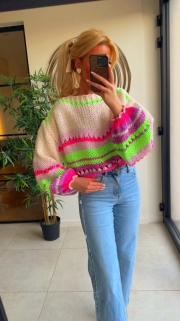Pull beige fluo Colors strepen 
