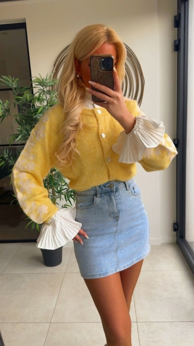 Gilet pul geel broderie mouw