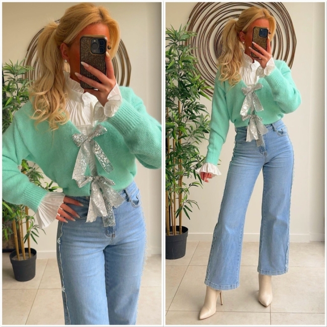 Pull mint strikjes zilvers 