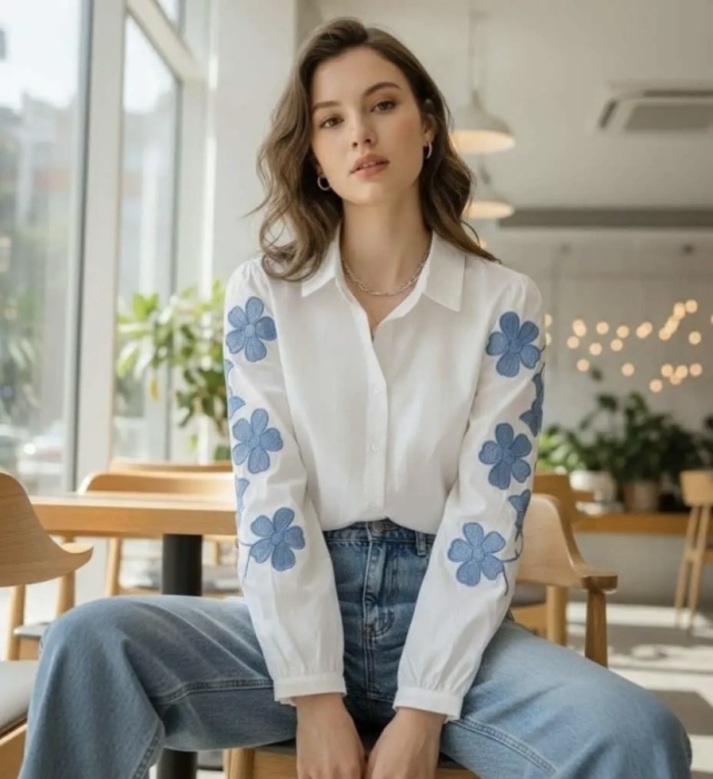 Blouse White flowers bleu