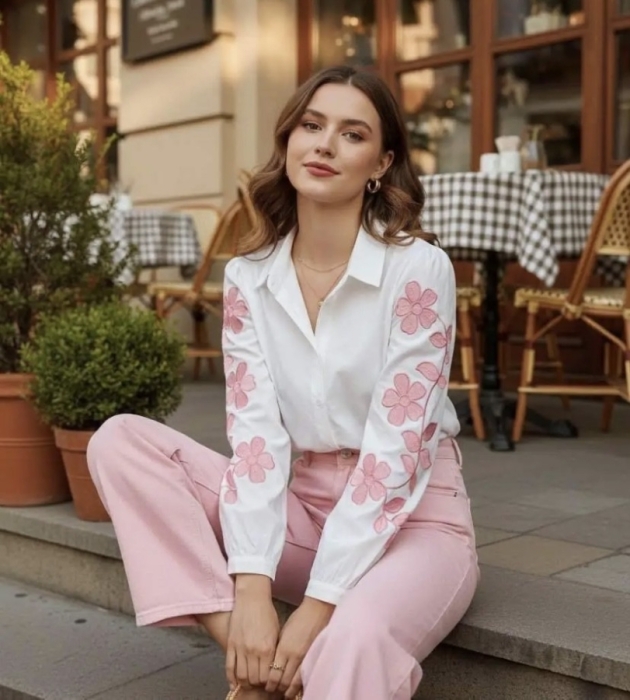 Blouse White flowers pink