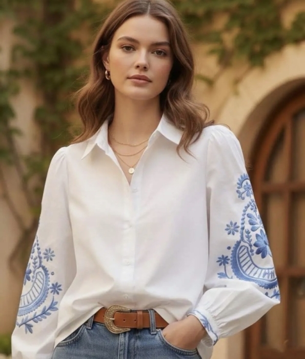 Blouse blanc broderie bleu 