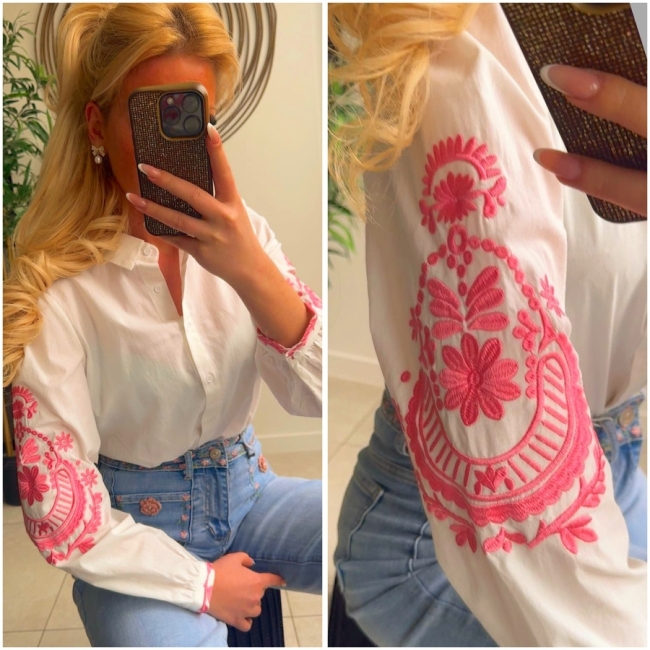 Bloes wit broderie pink 
