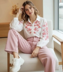 Blouse White broderie pink