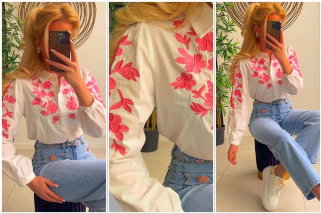 Blouse blanc broderie pink