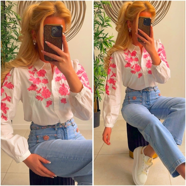 Blouse blanc broderie pink