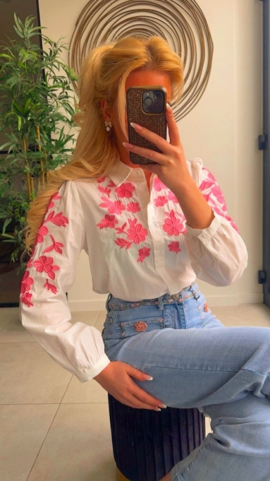 Blouse blanc broderie pink