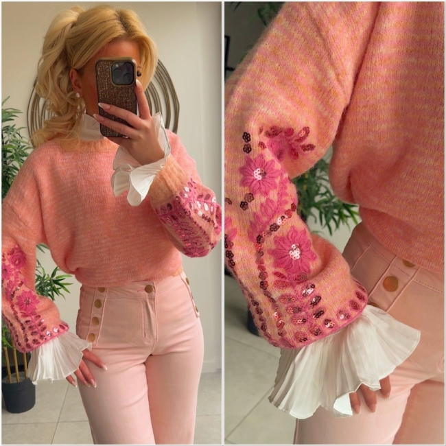 Pull pink orange broderie paillettes 