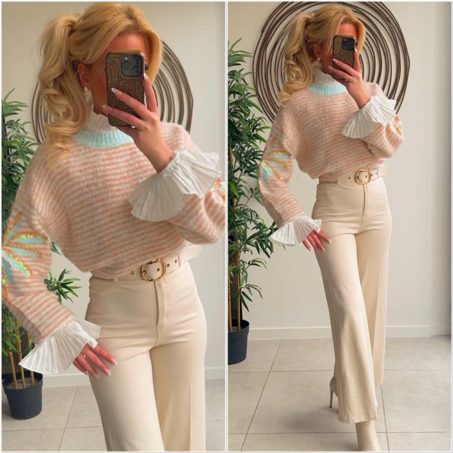 Pull broderie paillettes salmon