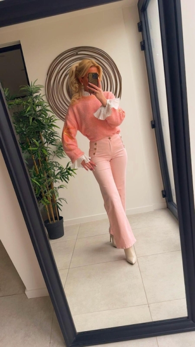 Pull orange pink broderie paillettes 