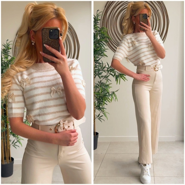 Pull beige korte mouw strikjes 